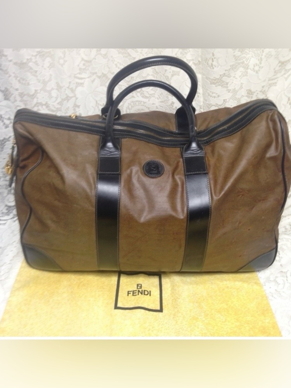 Fendi Large Tan-Brown Nylon Black Leather Travel Bag 14in x 9in x8.5in